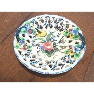 Capodimonte Porcelain Basket Weave Pattern Plate Floral 7.5" Vintage Italy